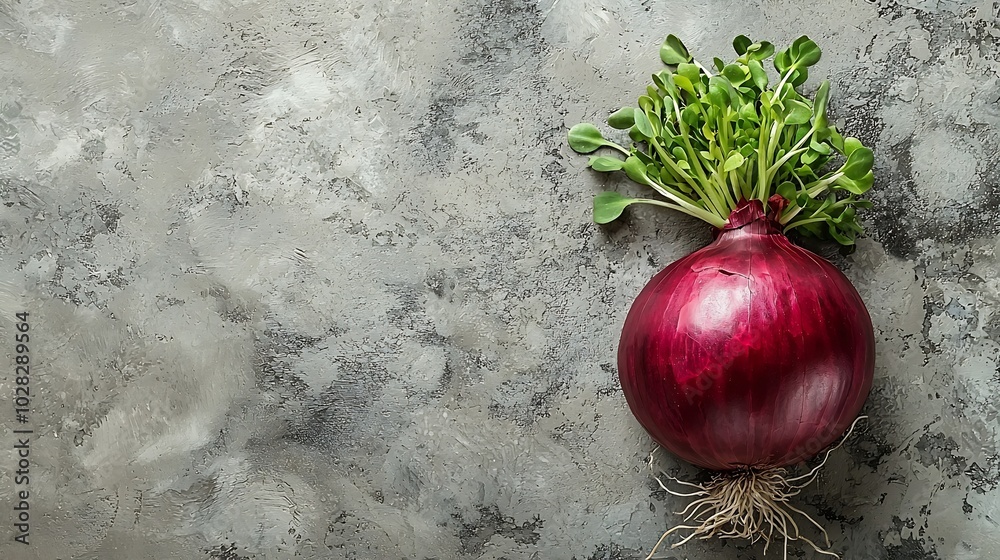 Poster Red onion with fresh green sprouts on grey stone background Top view Copy space : Generative AI