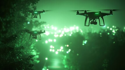 Drones flying at night with green lights over a cityscape.