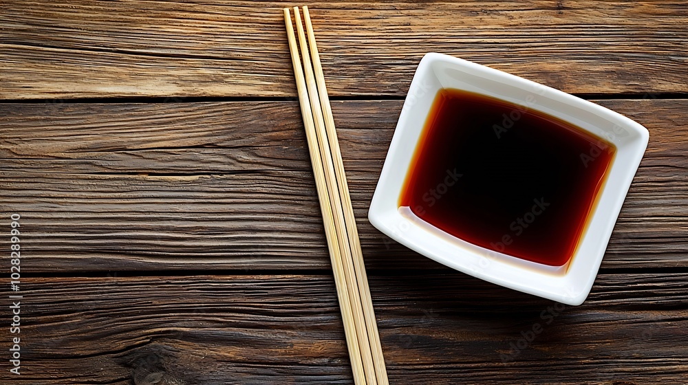Aufkleber asian table place setting with white plate sauce bowl and chopsticks top view copy space : generativ