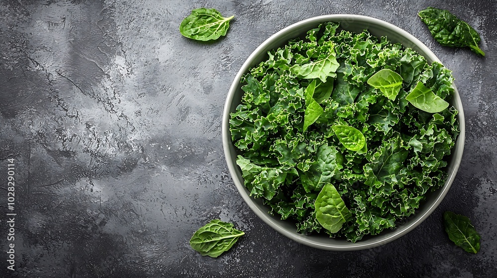 Poster fresh kale leaves salad on light grey background copy space close up : generative ai