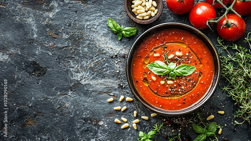 Poster Tomato soup with fresh herbs and pine nuts in a bowl Grey stone background Copy space Top view : Generative AI
