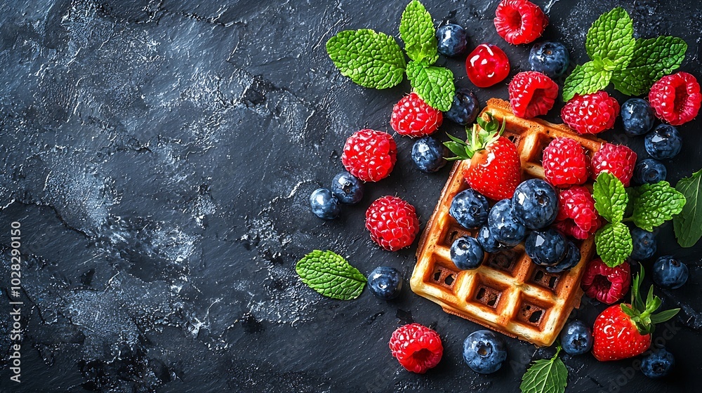 Poster belgian waffle slate background copy space top view : generative ai