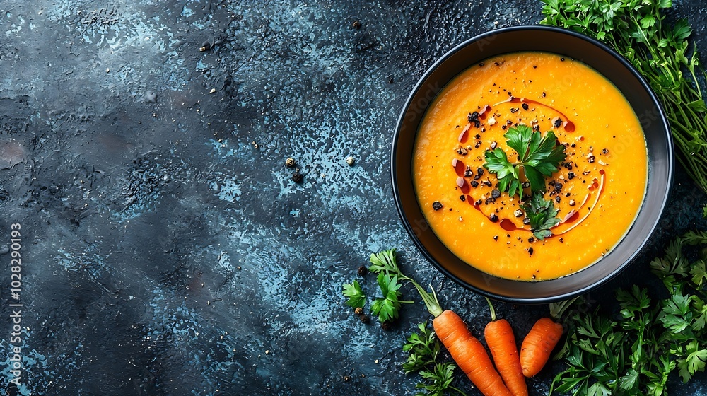 Poster pumpkin and carrot cream soup in bowl blue textile background close up top view : generative ai