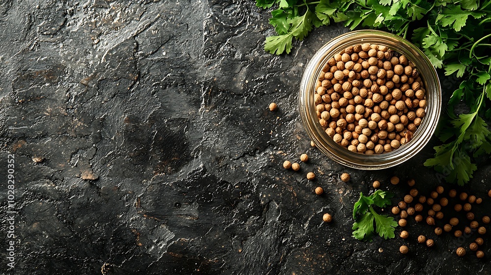 Poster Coriander seeds in a jar on grey stone background Top view Copy space : Generative AI