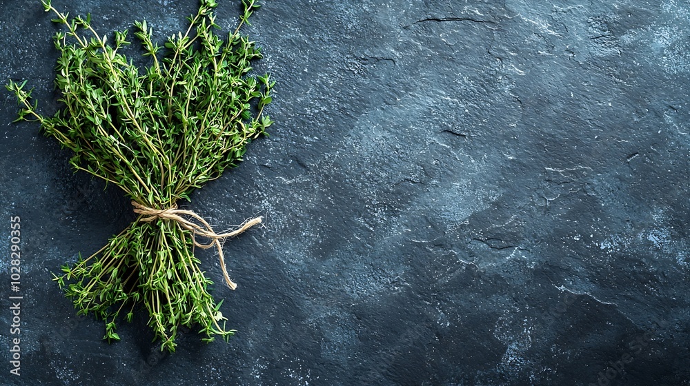 Poster Fresh thyme bunch on slate background Top view Copy space : Generative AI