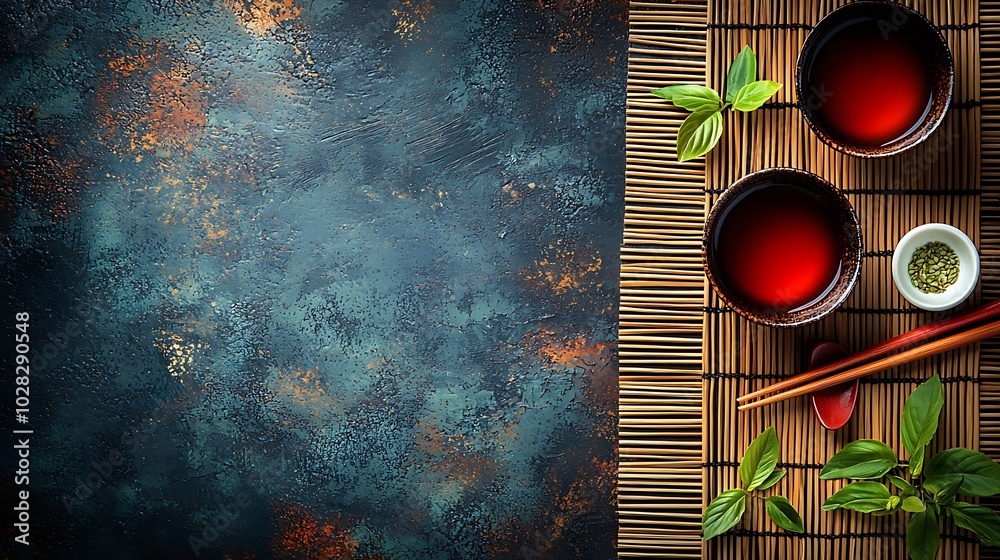 Poster green tea soba noodles top view copy space slate background : generative ai