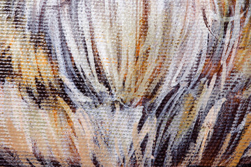 Monochrome linen texture. Strokes of oil paint on a textured canvas. The concept of the modern school of art. Background on a military theme with red and yellow elements.