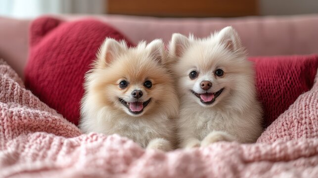 Happy, Cute White Pomeranian Dogs Inside a Red Heart-Shaped Hole on a Pink Background, Love Concept for Valentine's Day Celebration, Perfect for Advertising Banner or Poster Design

