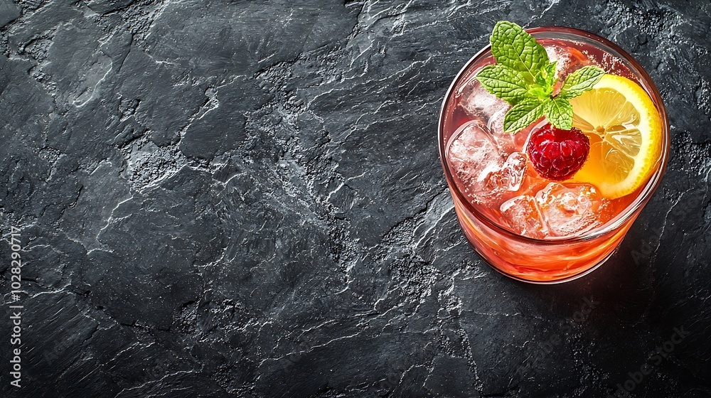 Fototapete raspberry cocktail fizz lemonade ice tea with fresh mint on grey stone background copy space top vie