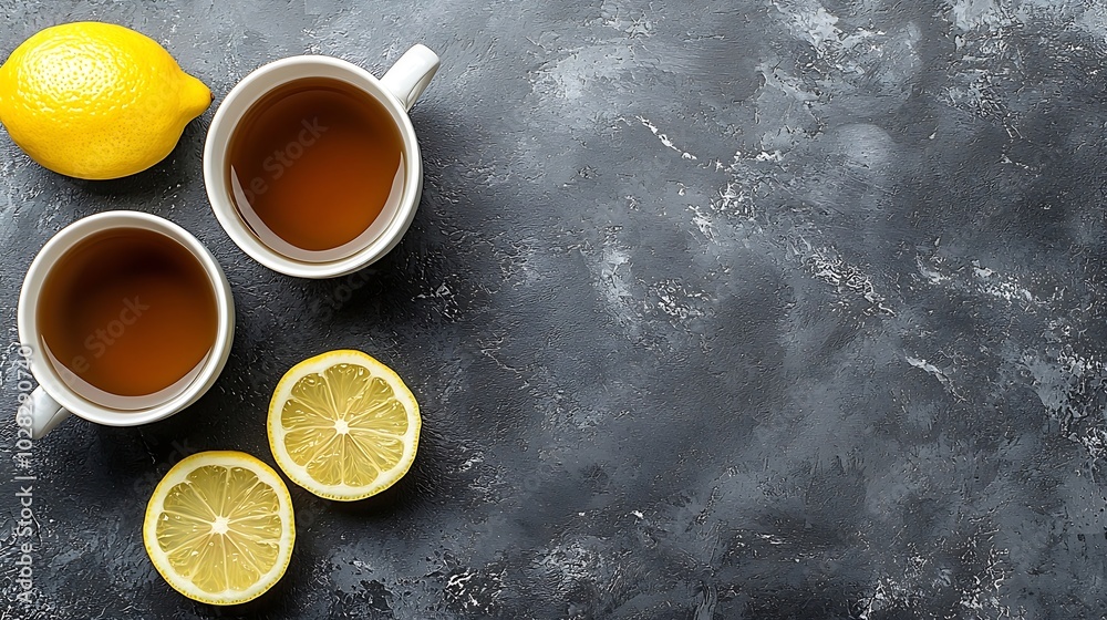 Poster tea cup and pot with lemon grey background close up top view : generative ai
