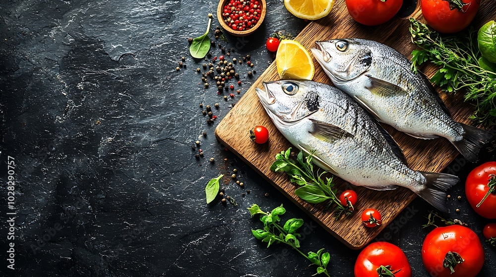 Aufkleber fresh dorado fishes on a wooden cutting board with vegetables herbs and spices black stone backgroun