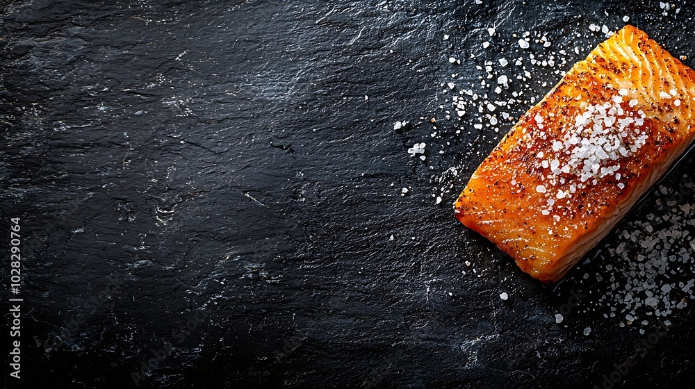 Poster Salmon fillet with sea salt on slate dark background Copy space Top view : Generative AI