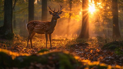 Deer standing in a misty forest at dawn, soft sunlight filtering through the trees, and an open space for text.