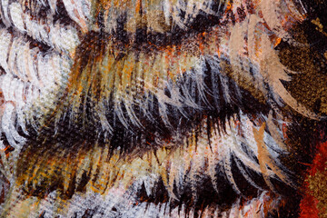 Monochrome linen texture. Strokes of oil paint on a textured canvas. The concept of the modern school of art. Background on a military theme with red and yellow elements.