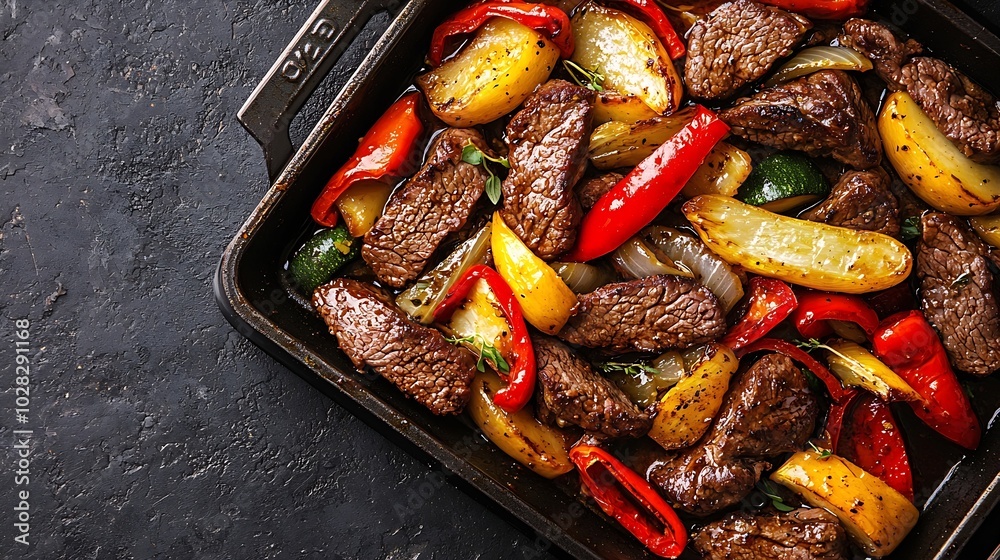 Poster beef and vegetables stir fry in a pan grey background top view : generative ai