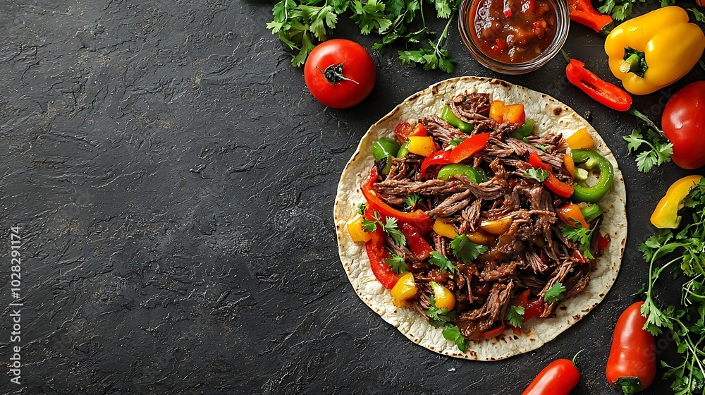 Poster mexican shredded beef with tortillas vegetables and sauce grey background top view : generative ai