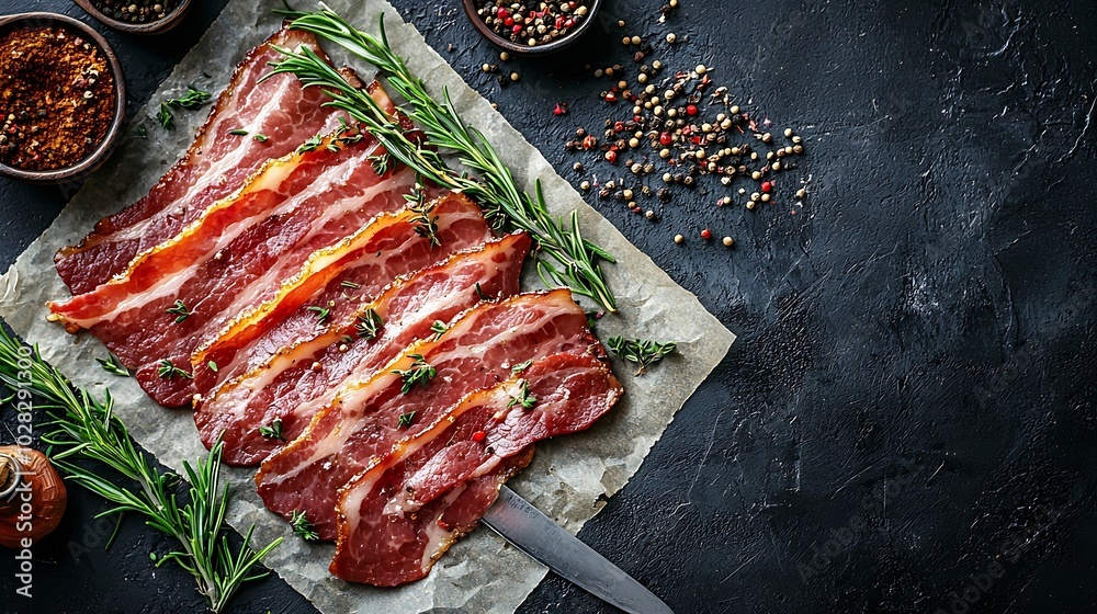 Aufkleber Raw bacon slices with herbs spices and knife on parchment paper Grey background Copy space Top view : Generative AI
