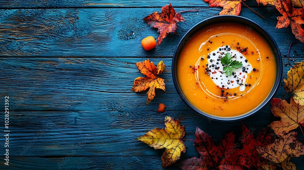 Poster pumpkin and carrot soup with cream on blue wooden background copy space top view : generative ai