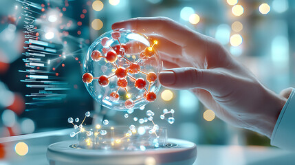 hand holding transparent molecular structure with glowing particles, symbolizing advanced scientific research and innovation in drug modeling. background features digital interface