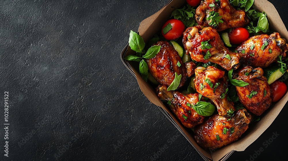 Poster chicken wings with vegetable sticks in box grey background close up top view : generative ai