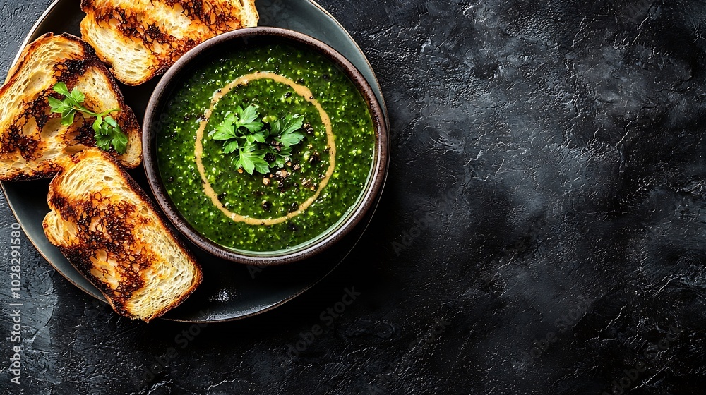 Aufkleber broccoli cream soup in a bowl with toasted bread top view : generative ai