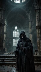Naklejka premium Gothic Cathedral Ruins: Grim Reaper Amidst Thick Fog and Cracked Stone Floors