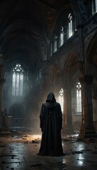 Gothic Cathedral Ruins: Grim Reaper Amidst Thick Fog and Cracked Stone Floors