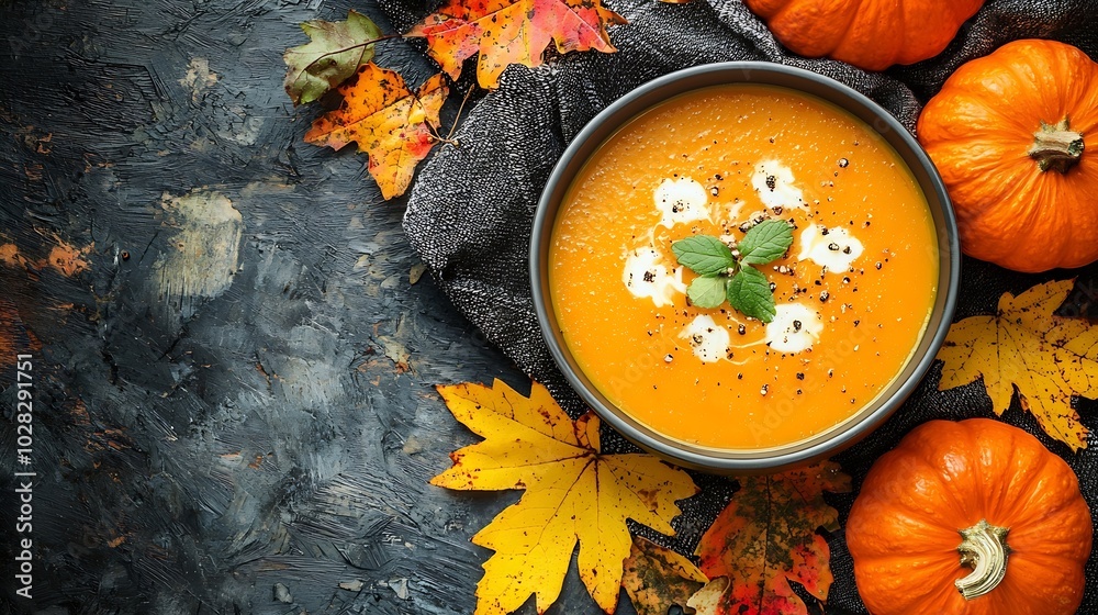 Poster pumpkin carrot cream soup grey textile background copy space top view : generative ai