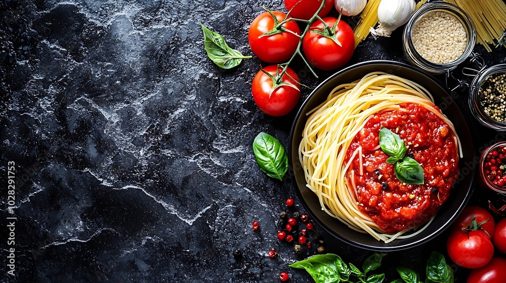 Poster pasta spaghetti with tomato sauce in black bowl grey stone background top view close up : generative