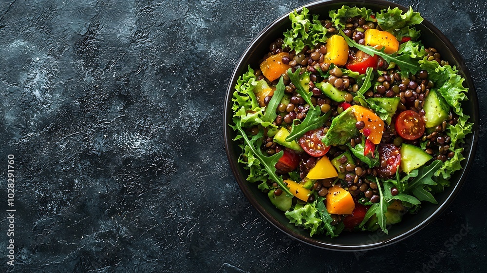 Poster lentil salad with mix vegetables in bowl dark background copy space top view : generative ai