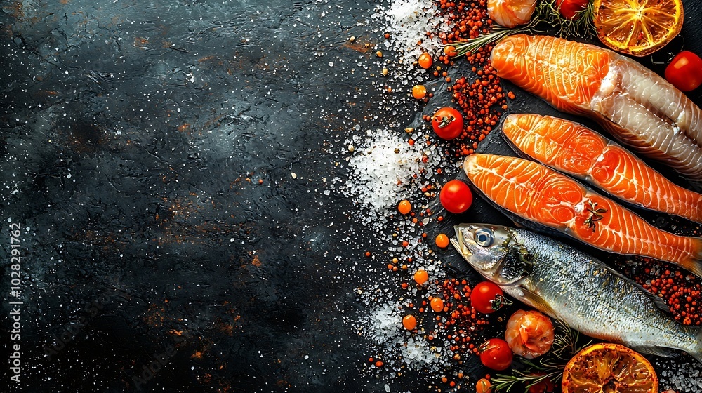 Poster fresh fish and seafood assortment on black slate background top view copy space : generative ai