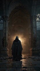 Naklejka premium Gothic Cathedral Ruins: Grim Reaper Amidst Thick Fog and Cracked Stone Floors