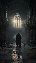 Gothic Cathedral Ruins: Grim Reaper Amidst Thick Fog and Cracked Stone Floors