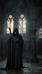 Naklejka premium Gothic Cathedral Ruins: Grim Reaper Amidst Thick Fog and Cracked Stone Floors
