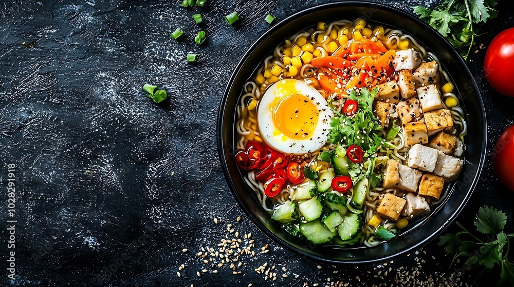 Poster asian noodle soup ramen with chicken tofu vegetables and egg in black bowl top view copy space slate