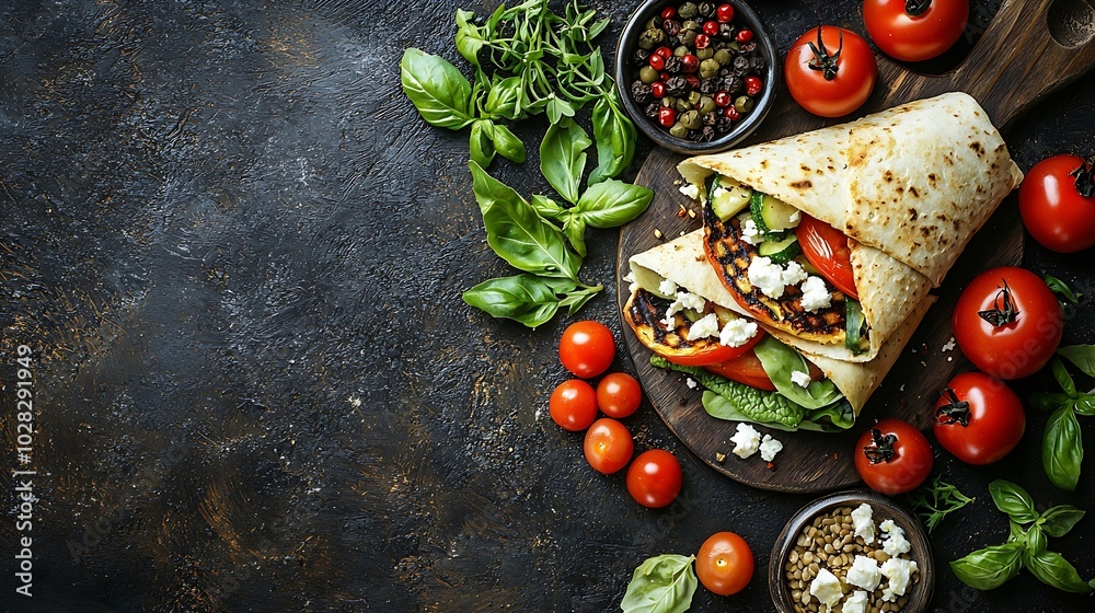 Poster wrap sandwich with grilled vegetables and feta cheese on a plate grey background copy space top view
