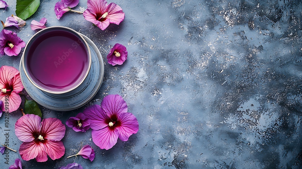 Poster hibiscus flower tea scattered on grey stone background copy space top view : generative ai