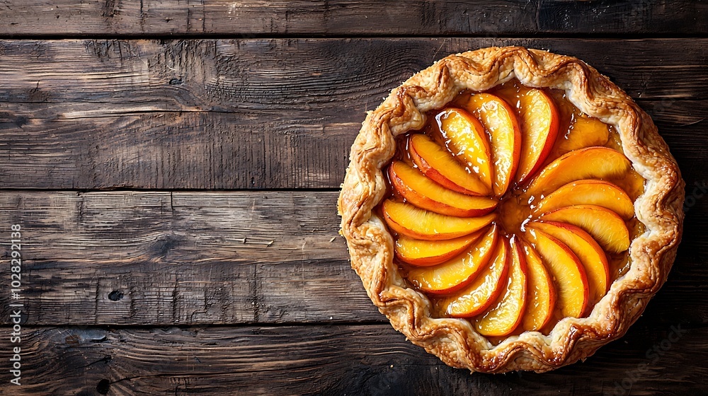 Poster peach galette pie cake with honey and berry on a wooden background top view : generative ai