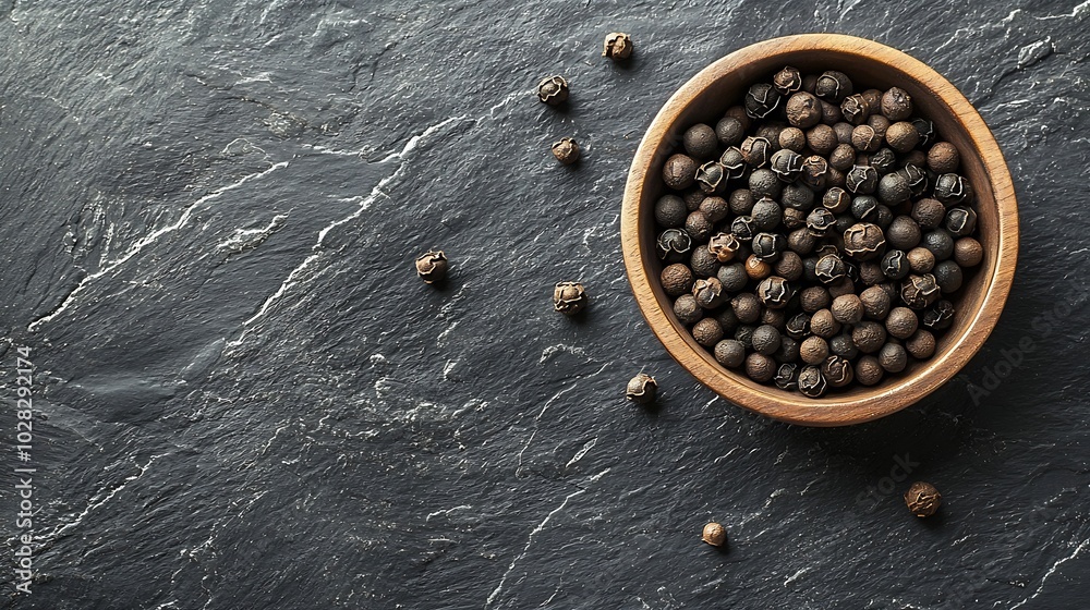 Poster black pepper peppercorns in bowl grey slate background copy space top view : generative ai