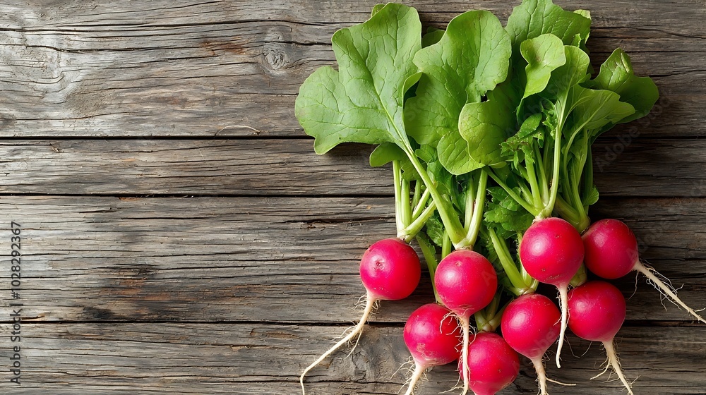 Poster fresh radish bunch on rustic wooden background copy space close up : generative ai