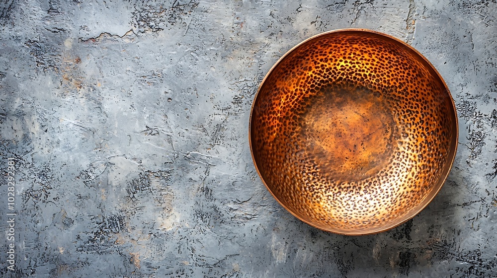 Poster copper saucepan on grey stone background copy space top view : generative ai