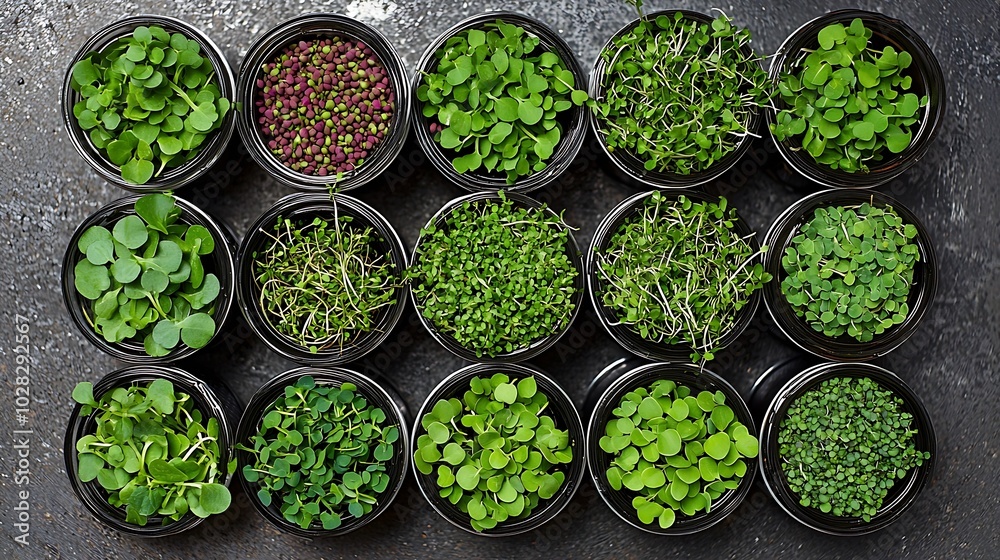 Poster assortment of micro herbs chives radish sunflower chervil sprouts in containers grey background copy