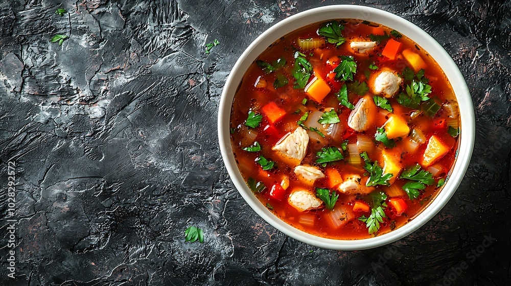 Poster chicken soup with vegetables in white bowl grey stone background top view : generative ai