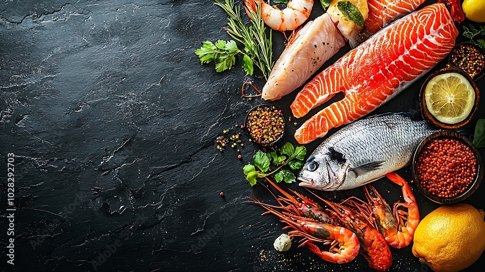 Poster fresh fish and seafood assortment on black slate background copy space top view : generative ai