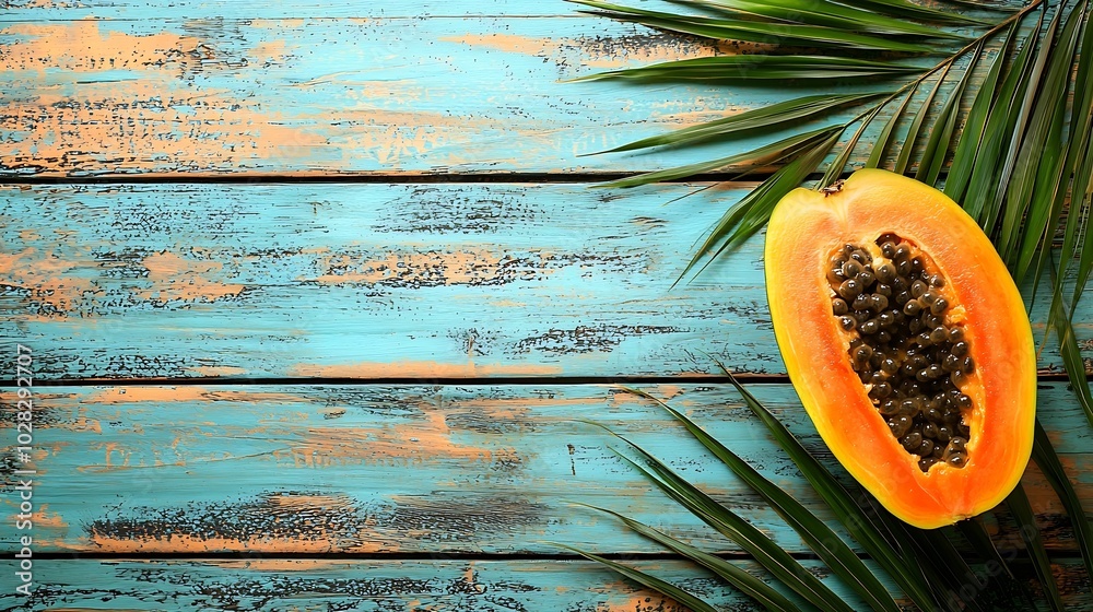 Poster papaya half on colorful wooden background with palm leaf top view copy space : generative ai