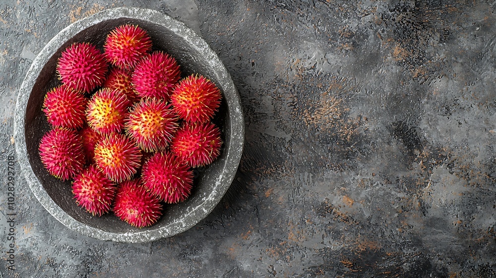 Aufkleber fresh rambutans in a grey stone bowl on wooden colorful background copy space top view : generative 