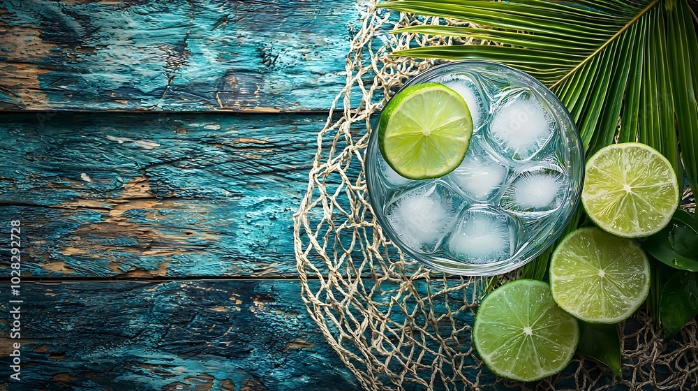 Poster Gin tonic in glass with ice and lime slice on a wooden background with fishing net and palm leaves Selective focus : Generative AI