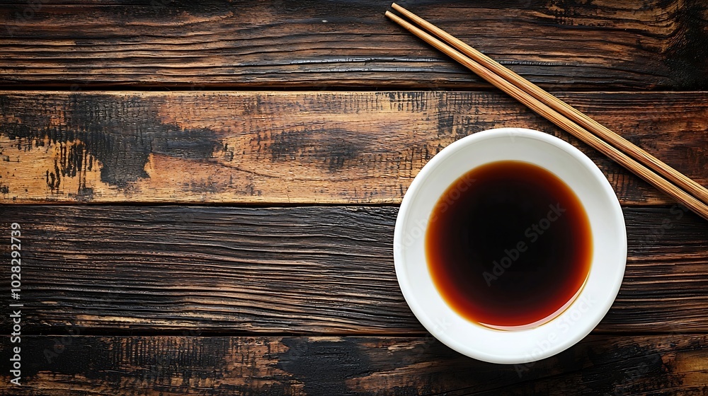 Poster asian table place setting with white plate sauce bowl and chopsticks top view copy space : generativ