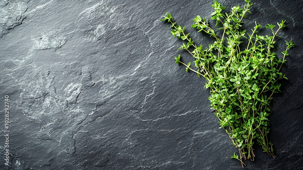 Poster Fresh thyme bunch on slate background Top view Copy space : Generative AI