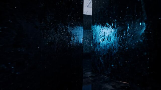 Camera slowly zooms in on a mysterious room with dark, polished obsidian walls reflecting distorted images, enhanced by dramatic, cinematic lighting